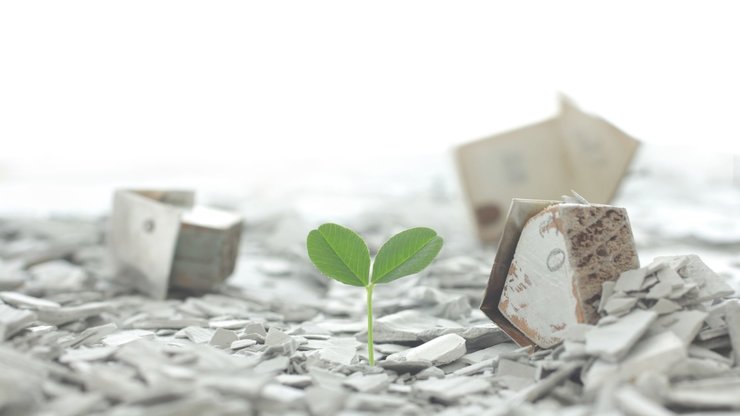 An image of a reproduction o a miniature house model made of wood with a single flower and green on earth.