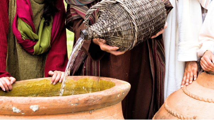 Biblical scene play of the miracle of transformation of water into wine