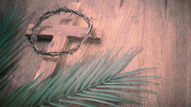 Palm sunday background. Cross and palm on vintage background