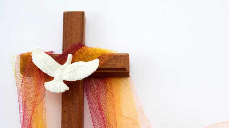 Pentecost Sunday. Pentecost background with flying dove and cross