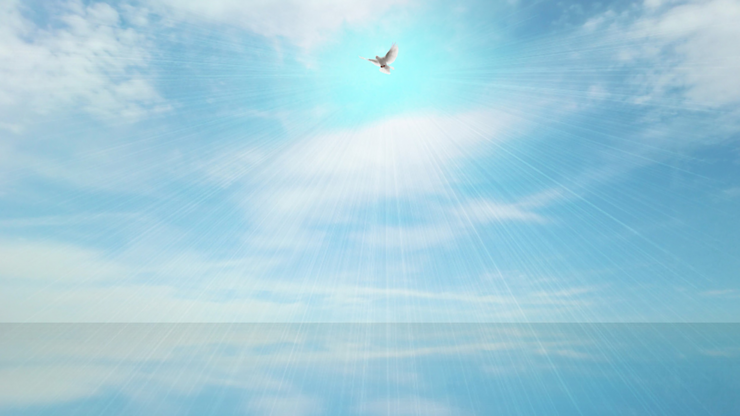 Abstract light beam and holy spirit over blue sea surface