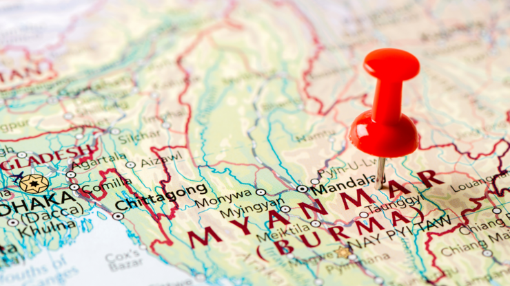 Map pin indicating a location in Myanmar, featuring the country's outline and geographical details.