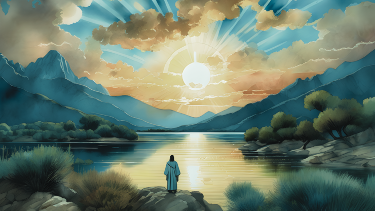 Jesus stands on a rocky shore, facing a calm lake at sunrise, with mountains and dramatic clouds in the background.