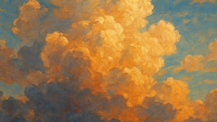 Golden, fluffy clouds fill the sky, glowing with warm hues of orange and yellow against a deep blue backdrop, creating a serene, uplifting atmosphere.