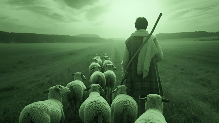 A shepherd holding a staff walks behind a flock of sheep in a grassy field under a cloudy sky, with the image tinted green.
