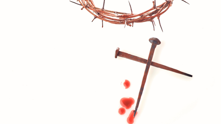 Crown of thorns with nails on white background. Easter background