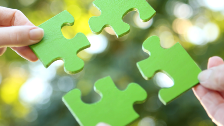 Four hands holding a green jigsaw puzzle outdoors with a light dappled leaf background.