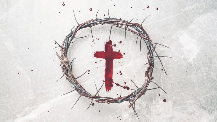 Crucifix Made of Blood, Crown of Thorns. Good Friday. Easter Holiday. Christian Cross Painted with Blood on Stone Background. Passion, Crucifixion of Jesus Christ. Gospel, Salvation Concept