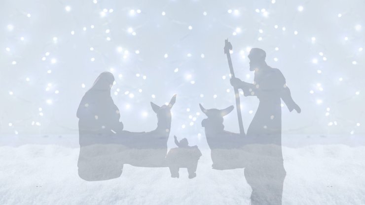 White christmas background banner with snow and lights. Christmas scene, baby Jesus. Mary and Joseph silhouette
