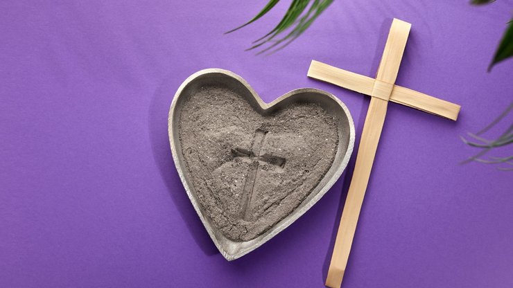 Ash Wednesday, Lent Season and Holy Week concept. Christian crosses and ashes on purple background