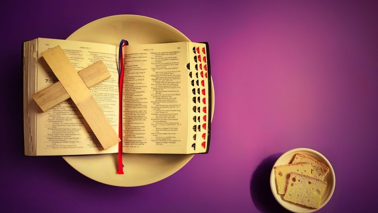 LENT fast pray give text with purple vintage background. Stock photo.