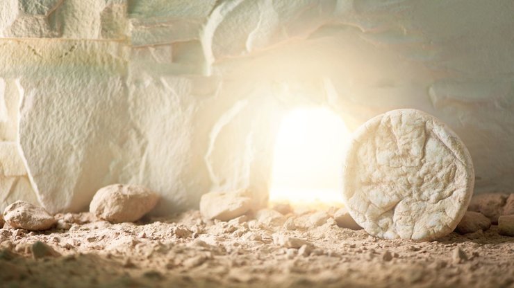 Jesus Christ resurrection. Christian Easter concept. Empty tomb of Jesus with light. Born to Die, Born to Rise. He is not here he is risen . Savior, Messiah, Redeemer, Gospel. Alive. Miracle
